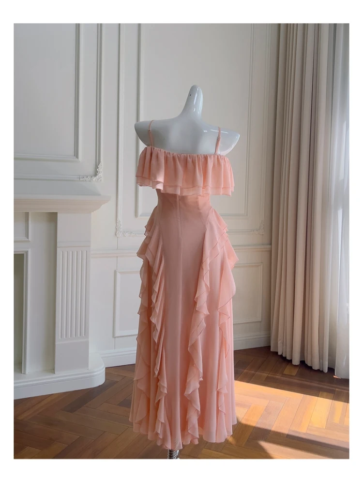 

Ele Off-oulder Maxi Dr in Lotus Pink with Ruffle Design for Holiday A-Line Silhouette Gentle Sle Long Evening Gown