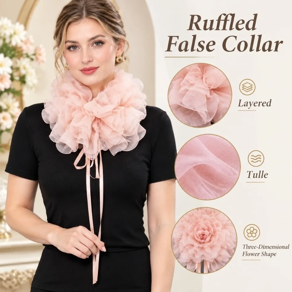 Layered Ruffled False Collar Exquisite Elegant Neck Ruff Faux Collar Three-Dimensional Flower Shape Tulle Detachable Collar
