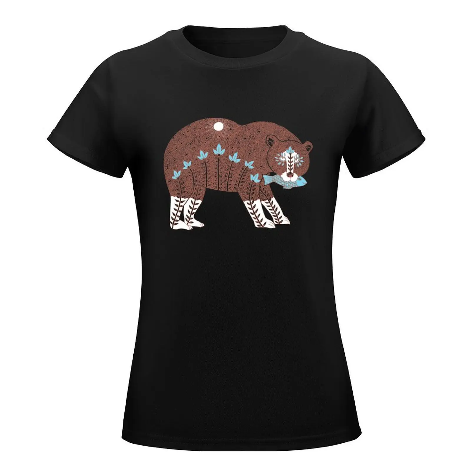 Folk Art Spirit Bear with Fish T-Shirt Aesthetic clothing female korean fashion Women tops