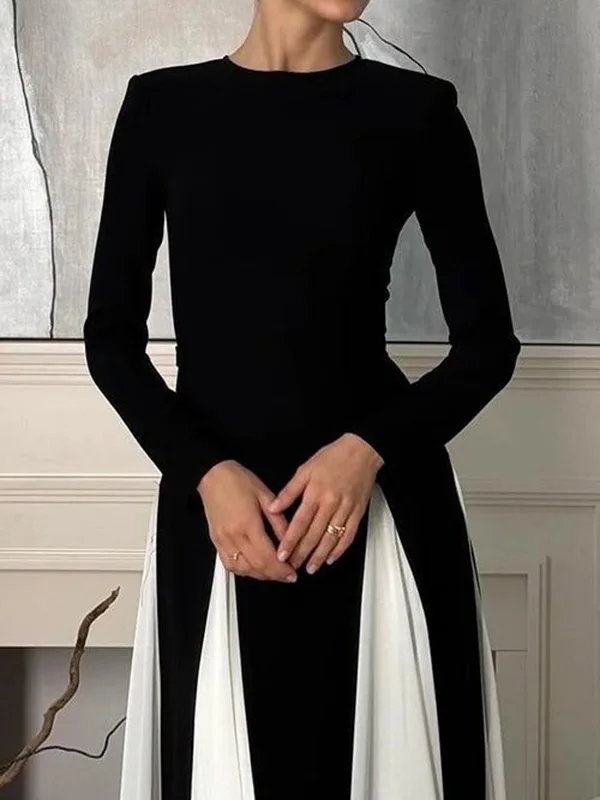 Jennifer A-Line Long Sleeves Dresses for Women Evening Dress Maxi Dresses Contrast Color Pleated Split-Joint Round-Neck Dresses