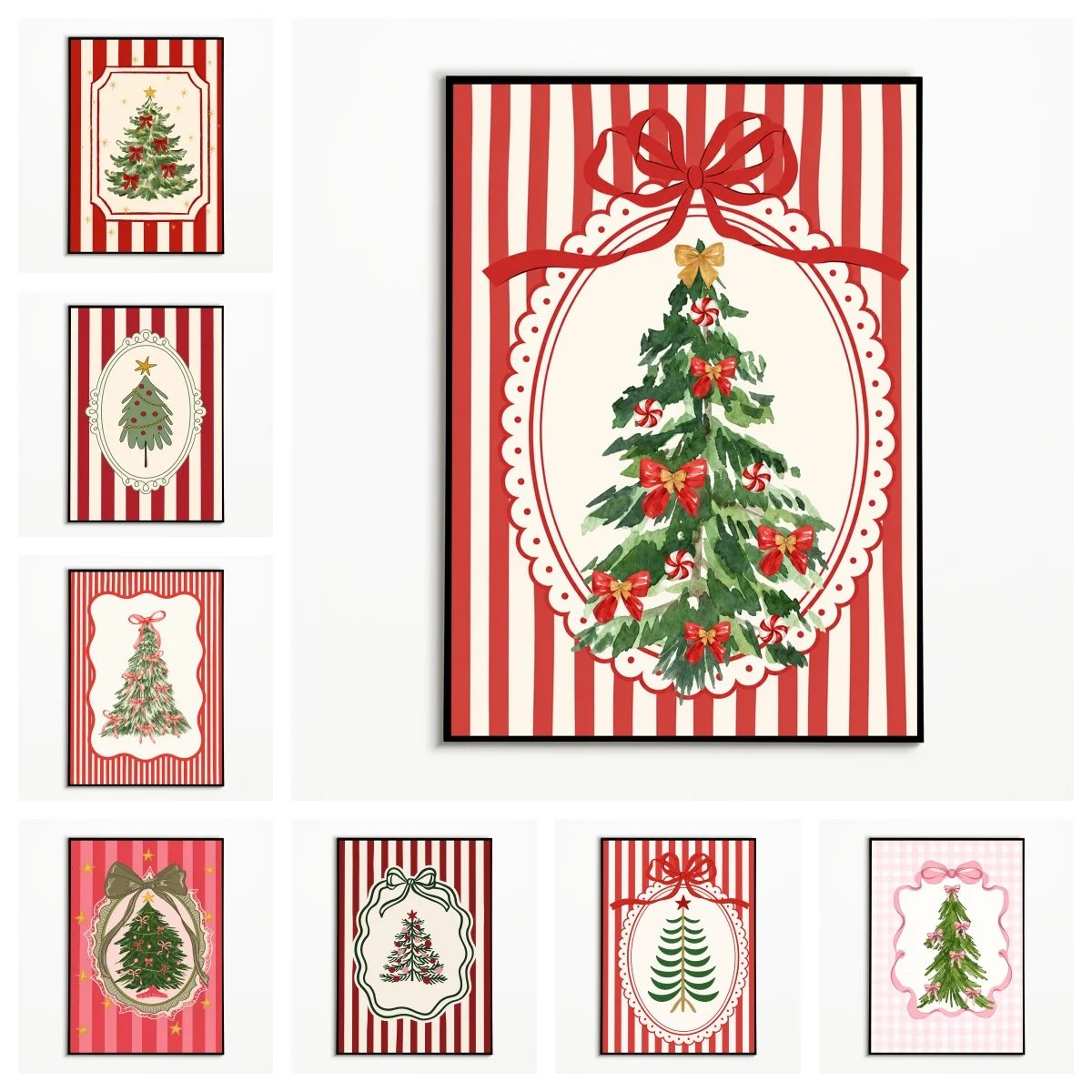 1PC Red Bows Christmas Tree Poster Cute Hand‑drawn Style Wall Art Winter Christmas Canvas Printing Festival Gift Room Wall Decor