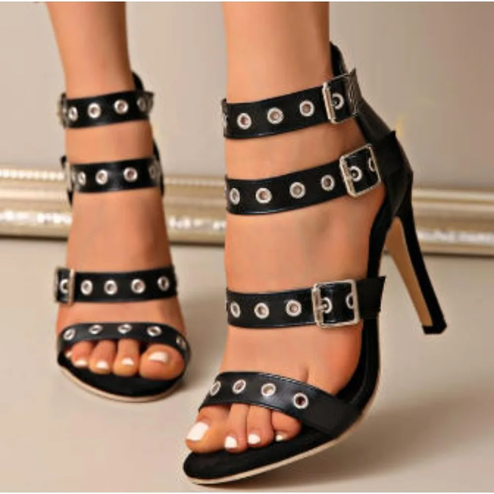 2026 Metallische Kreisförmige Kreuzriemen-Sandalen Lackierter Absatz Runde Offene Zehenpartie Hohe Absätze Rückseitiger Reißverschluss Gürtelschnalle Sommerschuhe für Damen