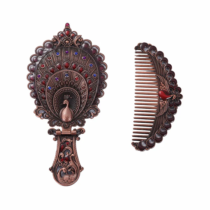 Folding Retro Handheld Metal Makeup Mirror Desktop Stand Portable European Carved Comb Mirror Set Gift Box