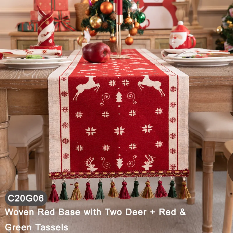 Christmas Table Runner Snowman Reindeer Jacquard - Decorative Polyester Tablecloth with Tree, House, Horse Design