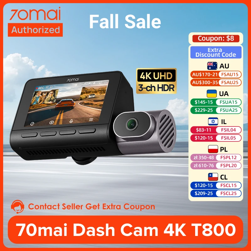 70mai 3-Channel 4K HDR Dash Cam T800 Supercapacitor 70mai Car DVR