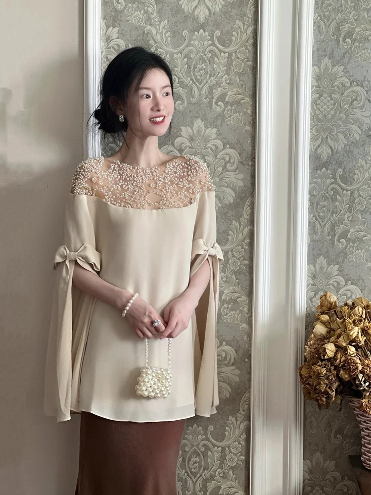 

Elegant Pearl Splicing Heavy Work Mesh Loose Top for Women French Style Polyester Fiber Long Sleeve round Neck Breathable Sum...