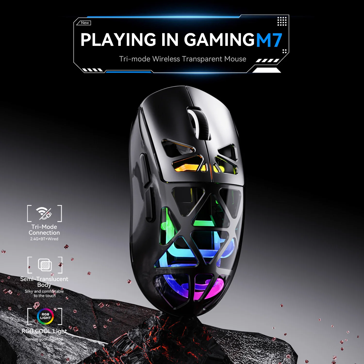 JITE M7 Triple Mode Wireless Gaming Mouse, Bluetooth/2.4G/Wired with RGB Cooling Light, Lightweight Ergonomic Design for PC Lap