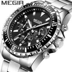 Fashion Megir Men's Chronograph Quartz  Full Stainless Steel Business Lumious Analogue 24-hour For Man Green Dial 2064 Watches