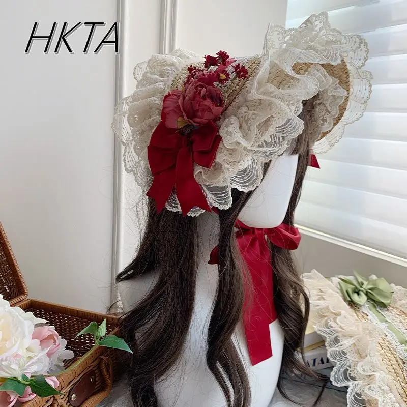 오리지널 디자인 목가적 인 멀티 컬러 레이스 보우 플랫 모자 카와이 여자 소녀 로리타 코스프레 밀짚 모자 로리타 착용 헤어 액세서리