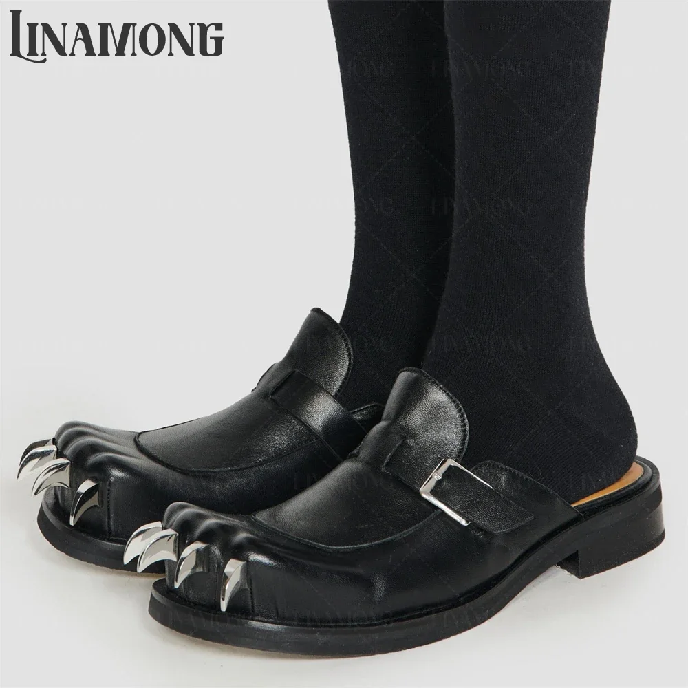 Metallic Silver Claws Mules Pin Buckle Strap Black Grained Leather Mules Block Heel Slippers for Men Square Toe Novelty Slippers