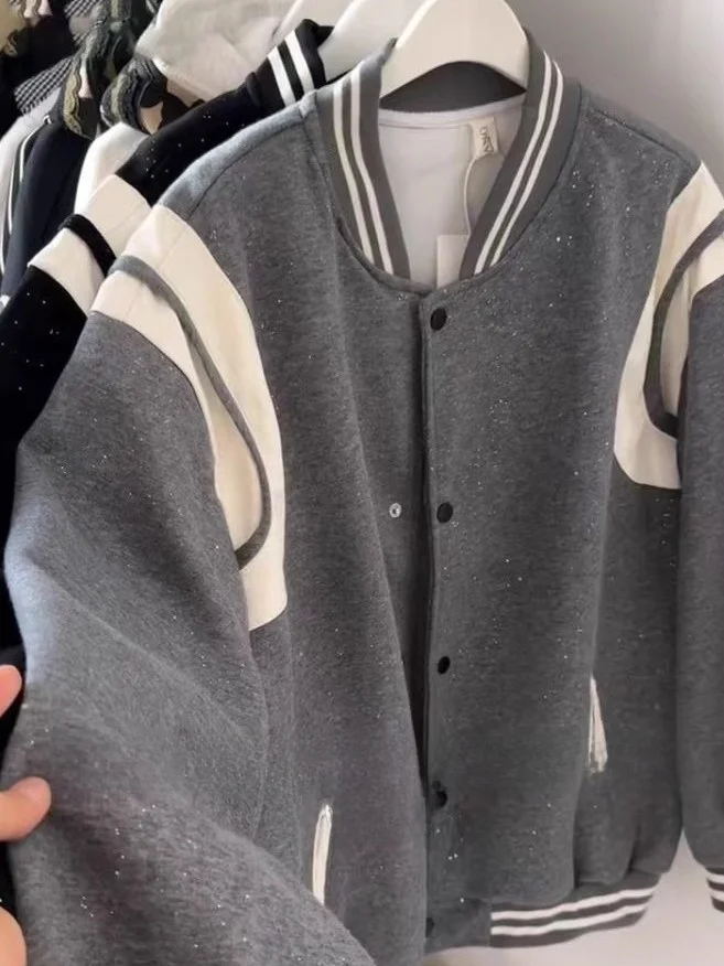 

Retro College Sle Patchwork Baseball Jaet Women's Loose Lazy Sle Small Size Open Cardigan Coat Warmth for Autumn And Wi...