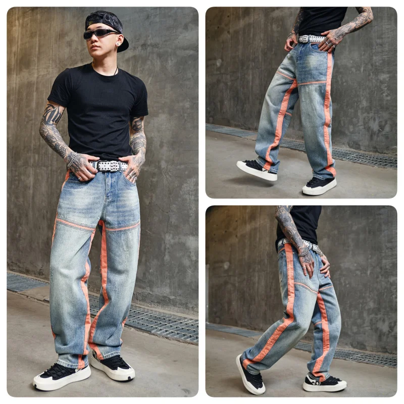 0017 New style high street fashion color contrast side stripe jeans loose straight wide-leg pants fashion brand pants