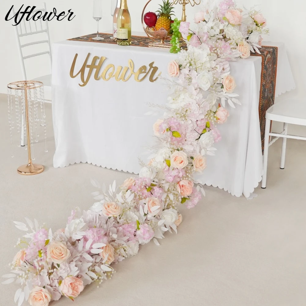 

Uflower 200cm Pink Rose Hydrangea Artificial Flower Row Wedding Table Centerpiece Flowers Backdrop Wall Decor Party Stage Prop