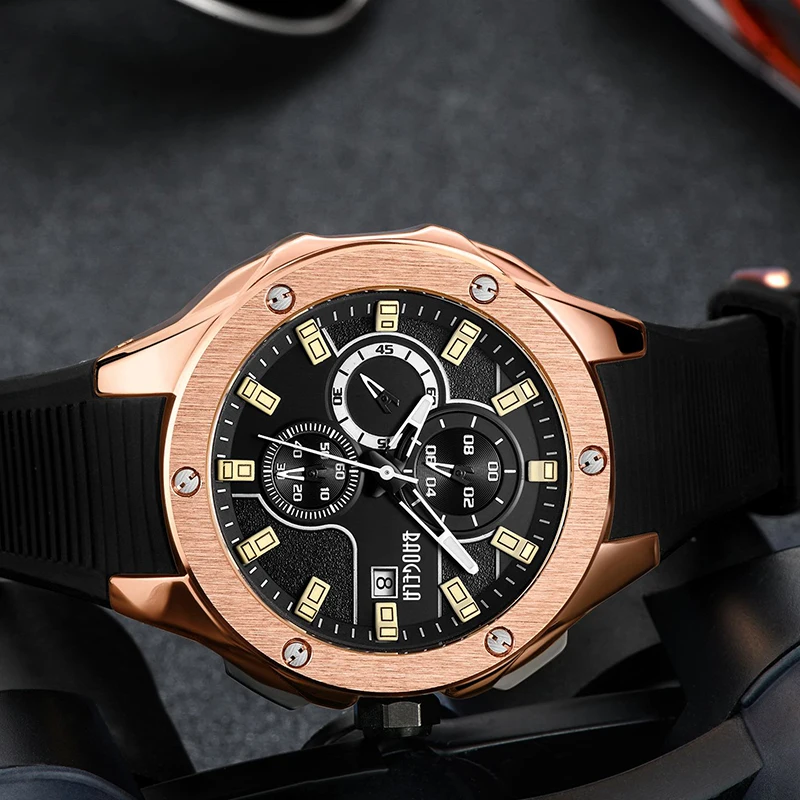 BAOGELA Luxury Brand Men Silicone Sports Watches Fashion Army Watch Man Chronograph Quartz Wristwatch Relogio Masculino Rose