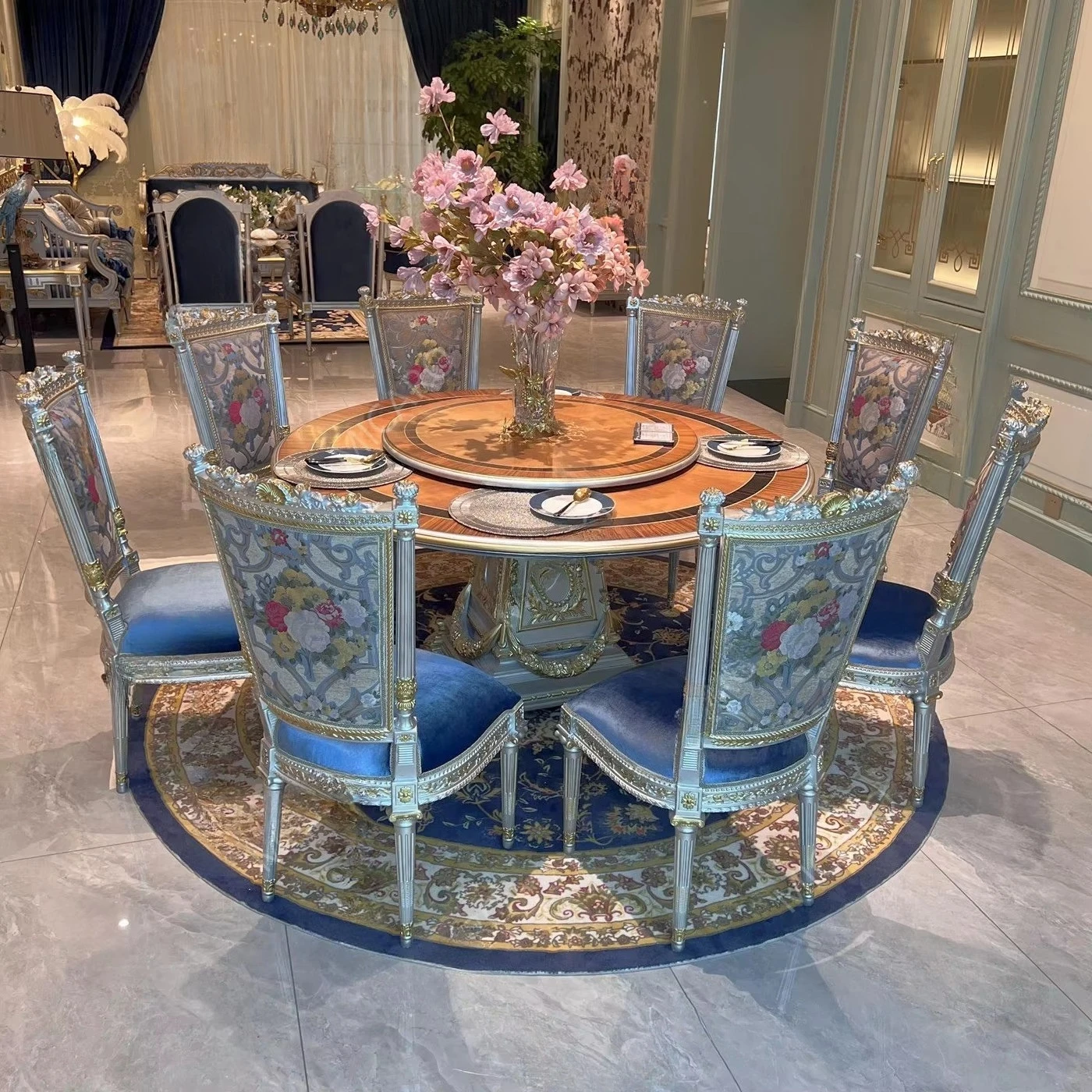 

Luxury French Classic Solid Wood Hand Carving Veneer Marquetry Pedestal Round Dining Table for 8 Persons
