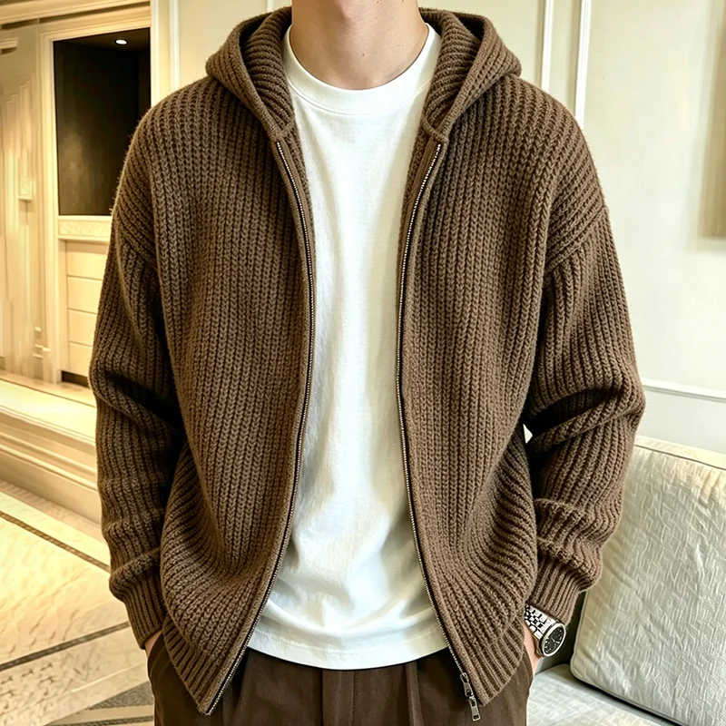 Autumn Winter Men's Hooded Sweater Cardigan Fashion Casual Solid Color Zipper Knitwear Cardigan Comfortable Outerwear Jackets
