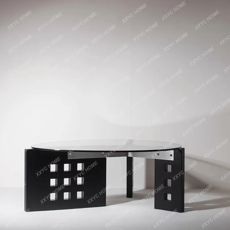 

Original design Y coffee table special-shaped glass solid wood stainless steel retro black