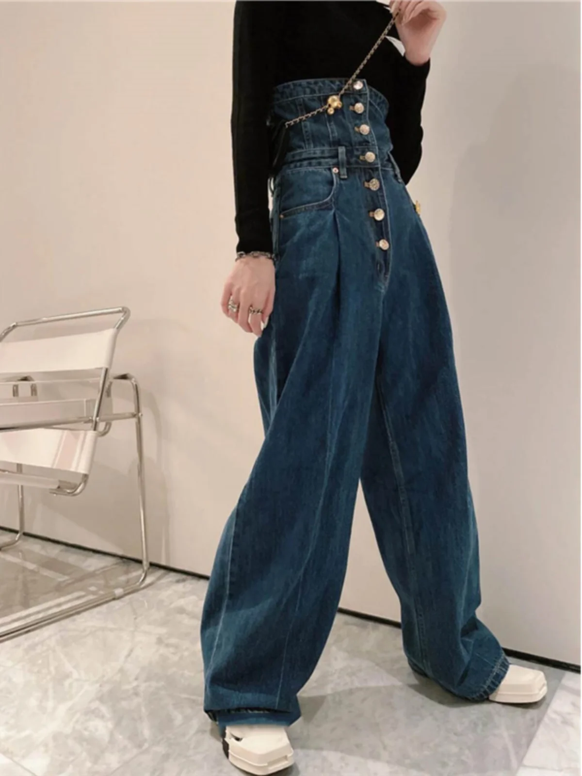 

High Waist Vintage Hong Kong Sle Button up Women's Jeans Long Straight Leg Wide Leg Floor Length Trousers Trendy Autumn Win...