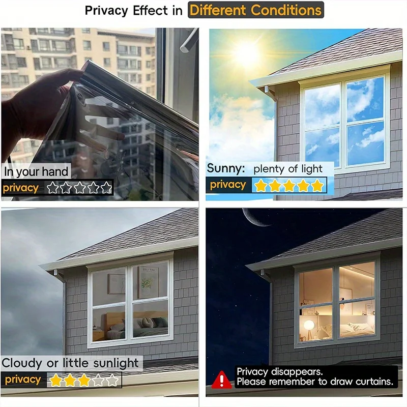 Silver Reflective Privacy Window Film Heat Control Sun Block Static Cling Removable for Home Office Glass