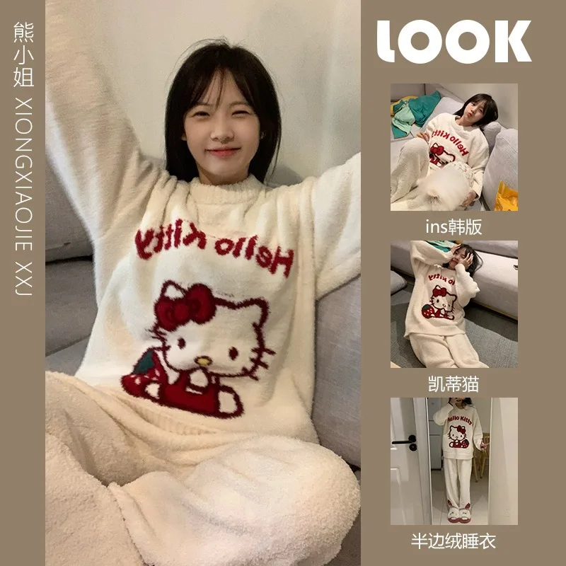 

Kawaii Hello Kitty Pajamas Girl Sanrio Long-Sleeved Loungewear Sweet Young Student Girl Warm Home Clothes Sleepwear Set