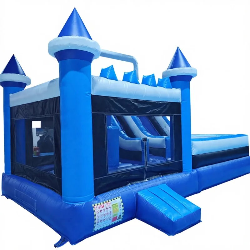 Inflatable trampoline combination with large slide, blue and white inflatable castle, air cushion house, commercial PVC suitable