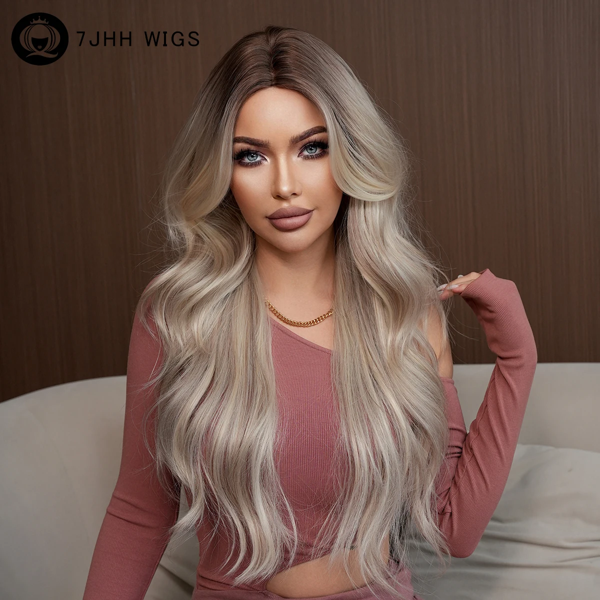 

Long Body Wave Ash Wig for Women High Density Synthetic Middle Part Modest Fashion Wavy Champagne Golden Wigs with Dark Roots