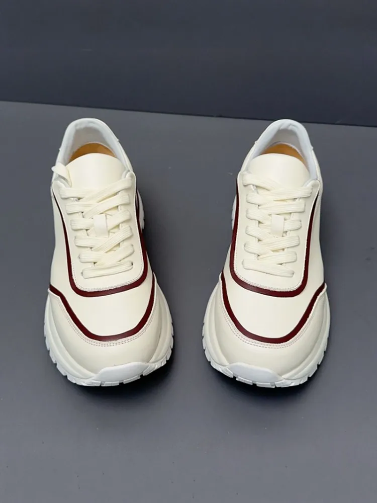 Versatile Fashion Casual Men Horsehide Genuine Leather Color Block Round Toe Breathable Sneakers Lace Up Thick Platform Shoes