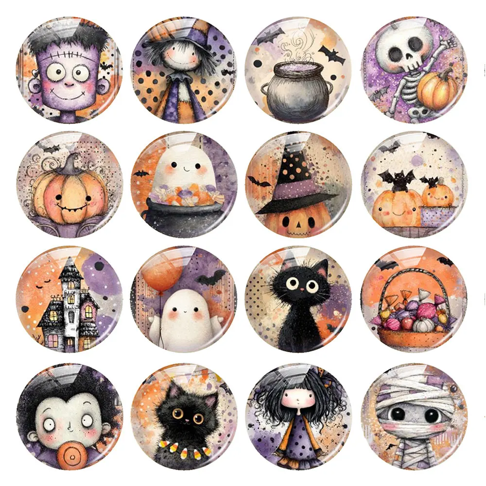 Random Mixed Round/Oval/Square Cute Halloween Cat Pumpkin Witch Photo Glass Cabochon Flatback Demo Cameo For Diy Jewelry Making