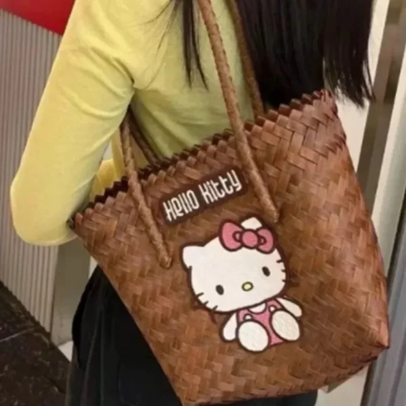 

Sanrio Hello Kitty Пляжная тканая сумка для женщин Водонепроницаемая прочная большая вместительная сумка Kawaii Tote Роскошная дизайнерская дорожная сумка