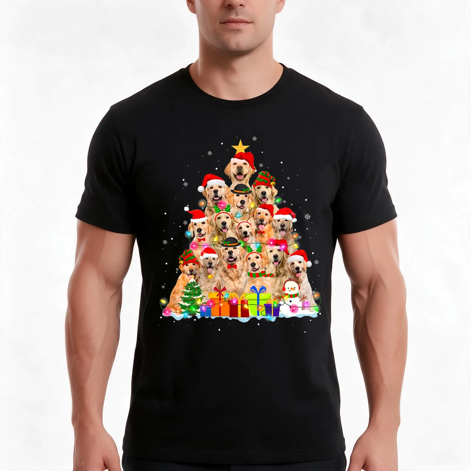Christmas Pajama Golden Retriever Tree Xmas Gift Dog Dad Mom T-Shirt, Summer Casual Cotton Tee, Oversized Streetwear Tops