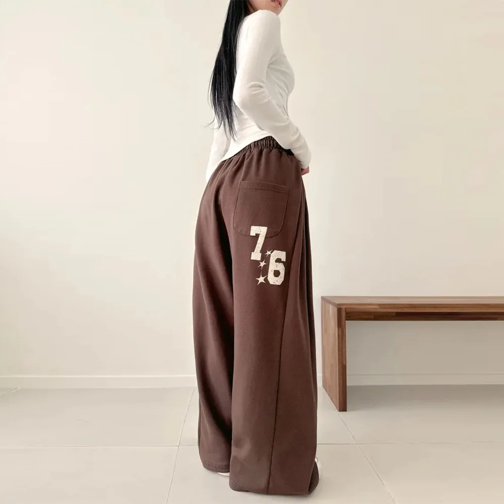 AW Women Plus Size High Waist Wide Leg Sweatpants Korean Loose Fleece Lined Sports Trousers Slim Casual Pants Autumn Winter