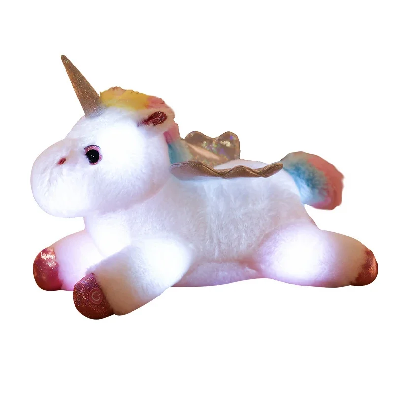 Boneka mainan mewah Unicorn, boneka liburan hadiah kreatif berpendar lucu dan nyaman