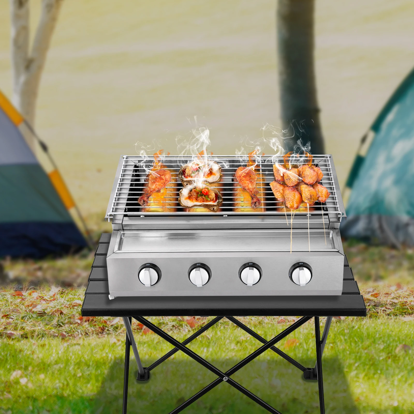 

4-burner Gas Grill BBQ Steak Grilling Stainless Steel Patio Barbecue LPG Grill Stainless Steel with Grid Frame Outdoor Backyard