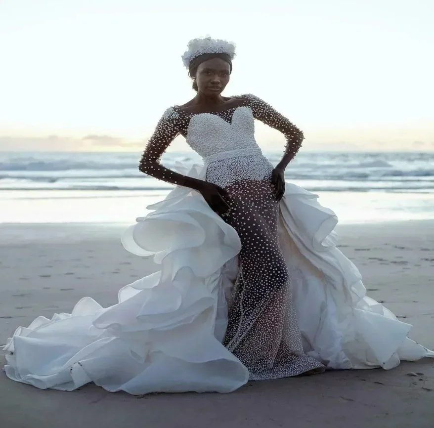 Customized African Beach  Handwork Heavy Pearls Wedding Dress with Removable Skirt Vestidos De Novia  Long Sleeves Bridal Gowns