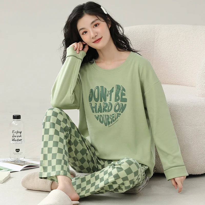 Green Plaid Pajamas Cute Casual Sleepwear Long Sleeves Long Pants Autumn Winter Kawaii Pyjamas Cozy Pijamas Soft Nighty Lady Pjs