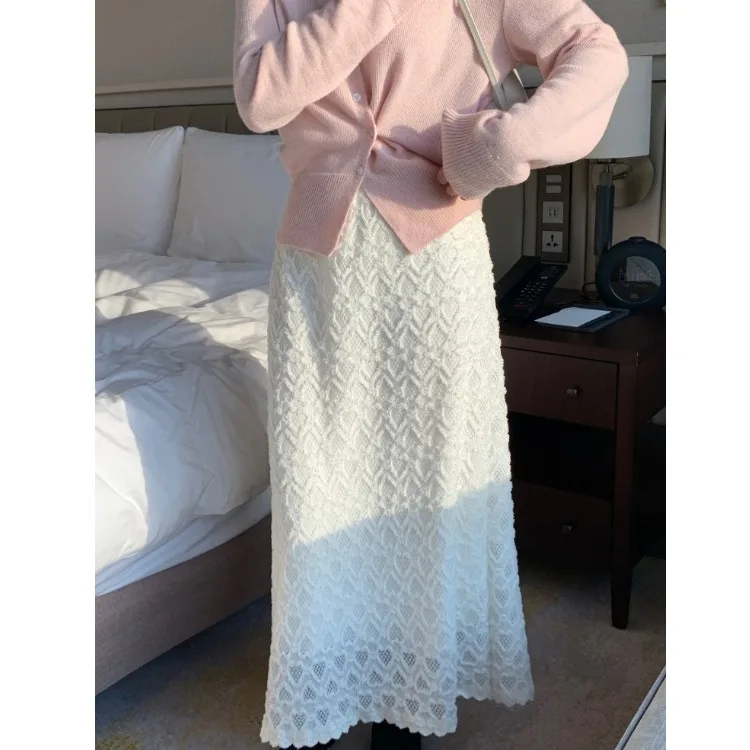 Sweet Heart Lace Elastic Waist Slimming A-Line Skirt High Waist  Skirt Casual Style Other Material Long Skirt