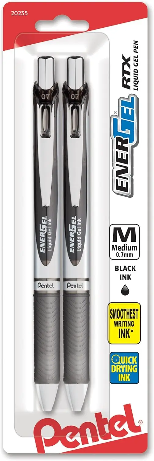 

Retractable Liquid Gel Pen, 0.7mm Medium Point, Black Ink, Smooth Writing, Pack of 2