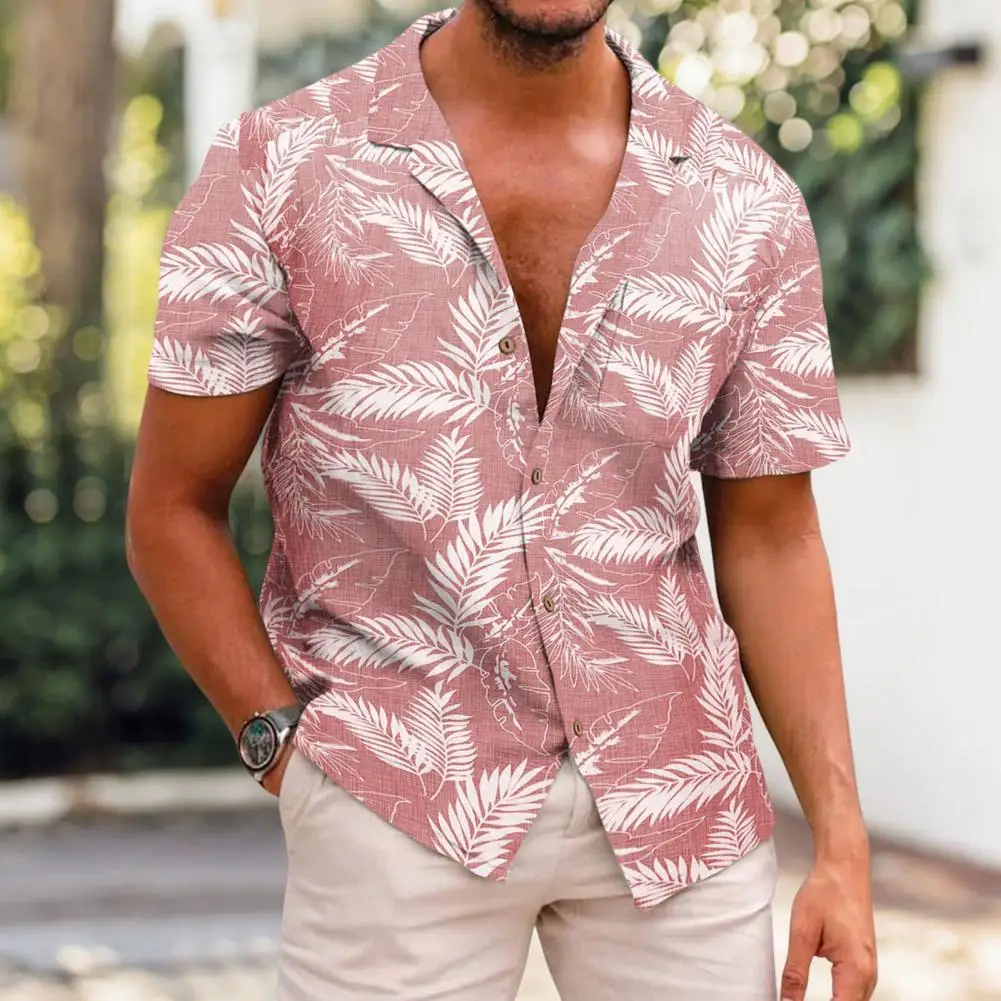 Camisa havaiana estampada de folhas tropicais masculinas, blusa moda praia, manga curta, design de um único peito, verão