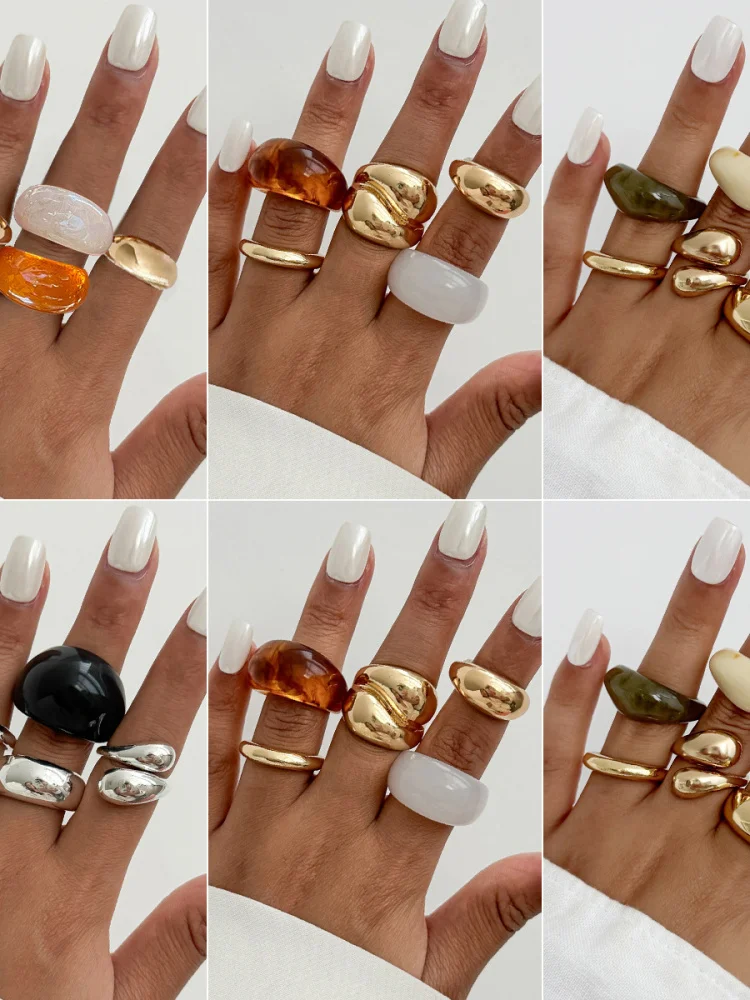 

Geometric Resin Rings Set Vintage Fading Cross-Border Jewelry Lacape Surface Irregular Alloy Ladies Faion Rings