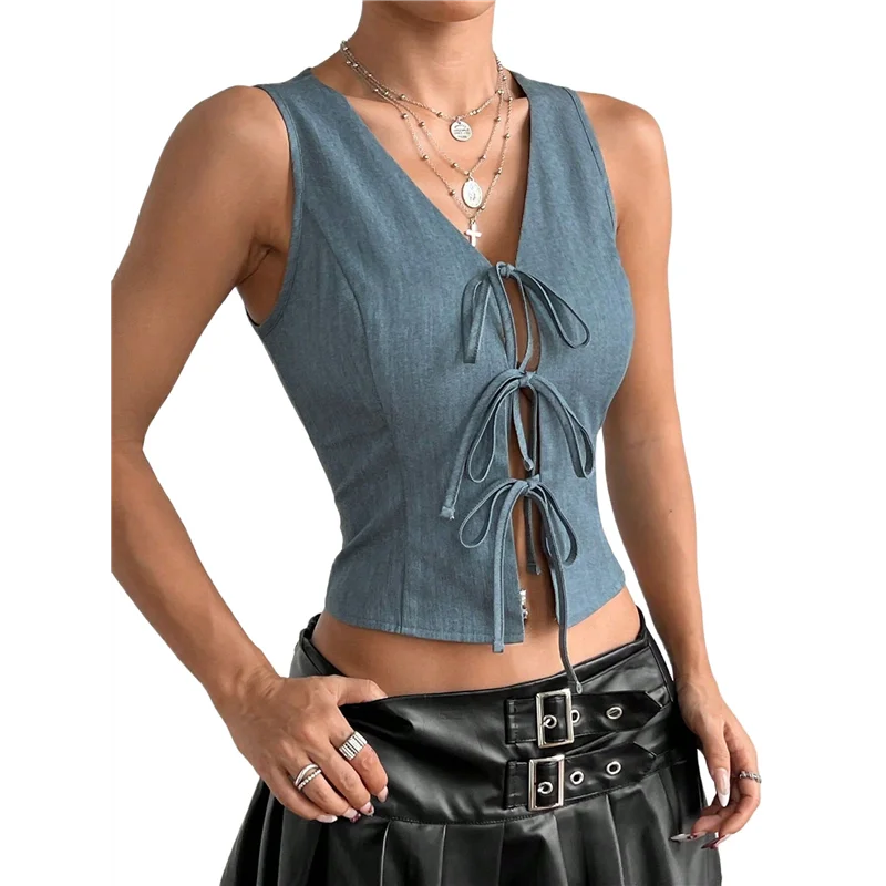 Hot Kf-Vrouwen Tie Front Vest Top Open Front Crop Tanks Zomer Vest Mouwloos Y2K Outfits Shirt