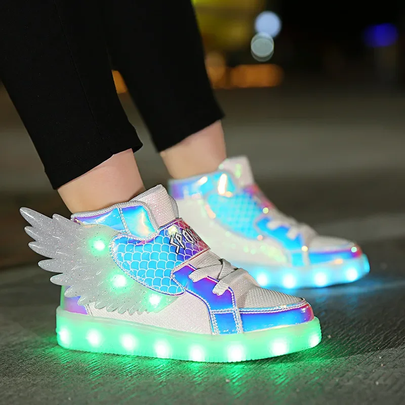 Waterproof Leather Kids Luminous Shoes Sneakers Led Light Shoes with Wing USB Charging Casual Sports Shoes Girls Skateboard Shoe