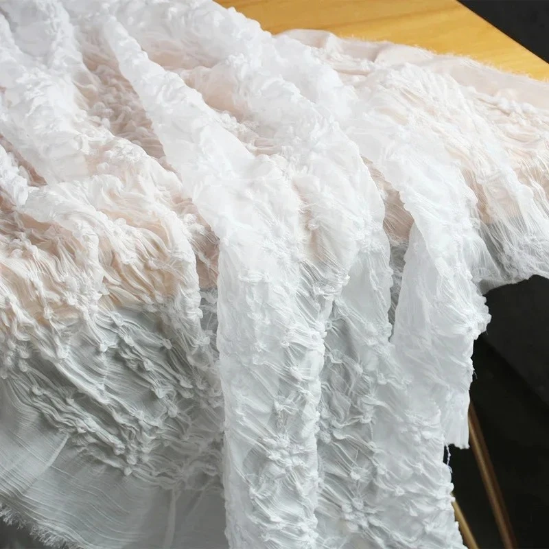 White Pleated Embroidered Fabric Translucent White Chiffon Fluffy Skirt High-end Dress Design Fabrics Cloth for Diy Sewing