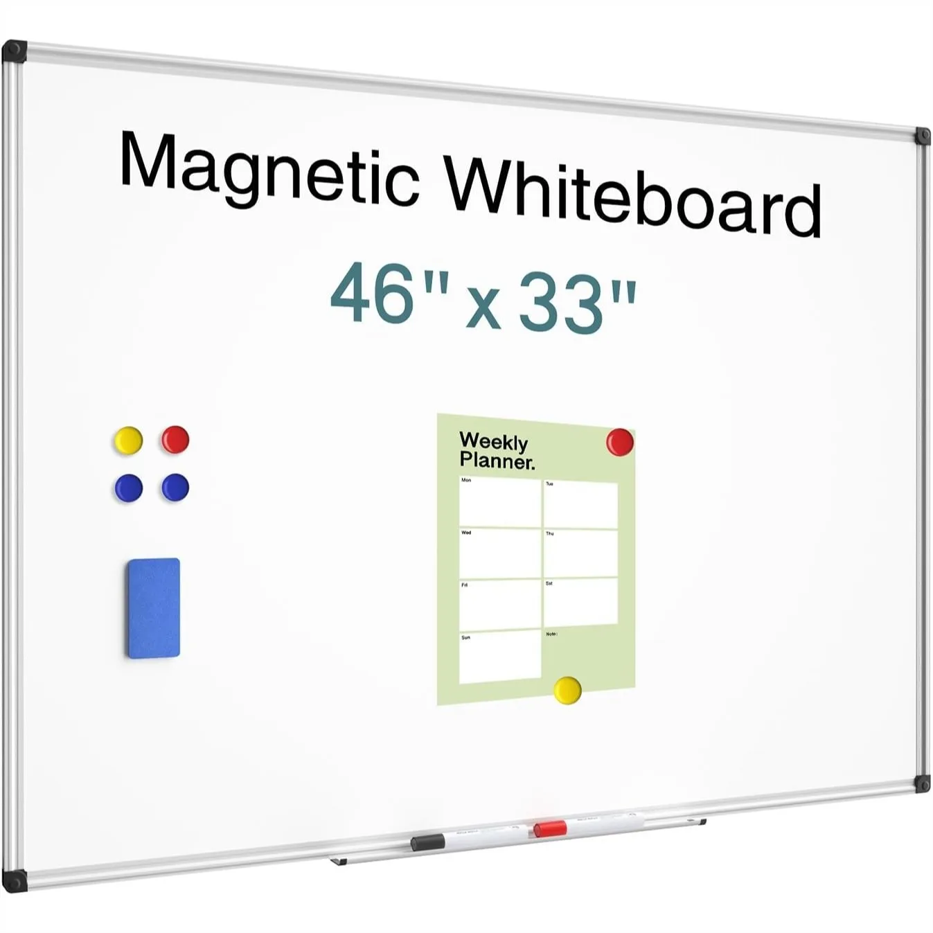 

Magnetic Dry Erase Whiteboard 46x33 Inch Wall-Mounted Board with Silver Aluminum Frame, Eraser, Pens, Tray & Magnets