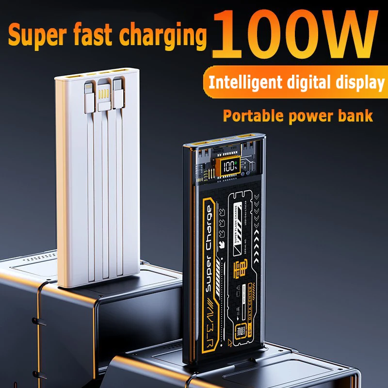 

20000Mah Portable Power Bank Fast Charging Cyberpunk Mecha digital display Wind with Built-In Cable Large Capacity Power Bank