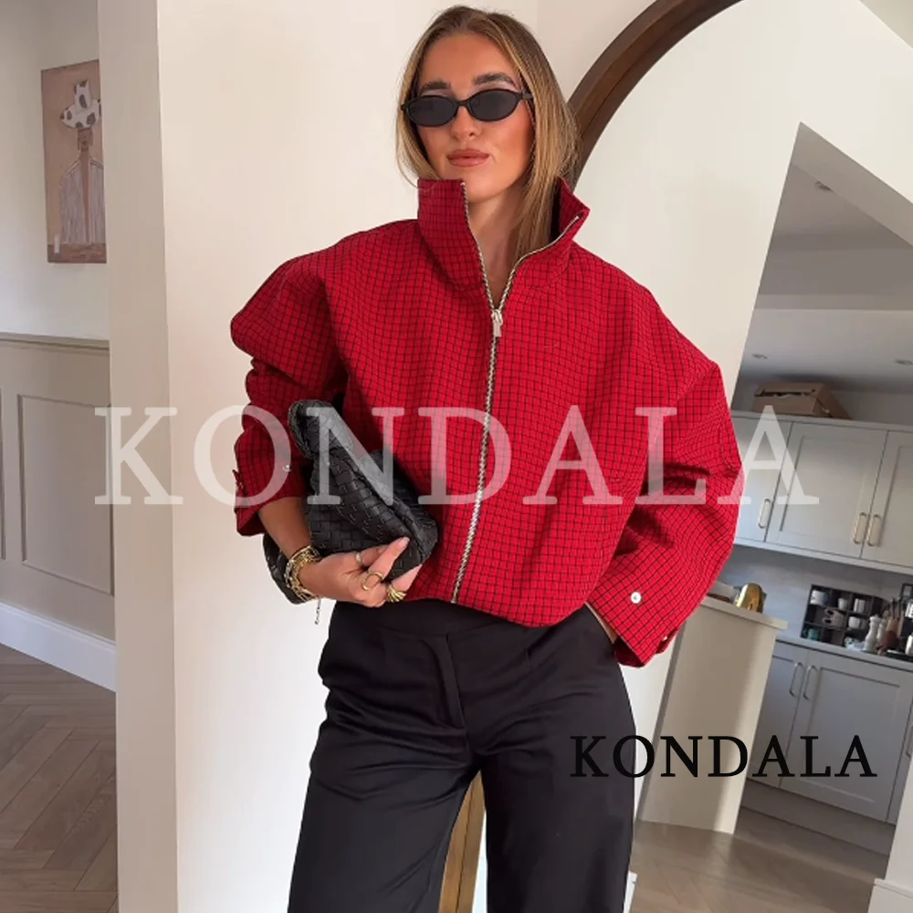 KONDALA Women Elegant Red Checked Jacket Chic Stand-Collar Zip-up Jacket 2026 Early Autumn/Fall Trendy High Street Vintage Coat