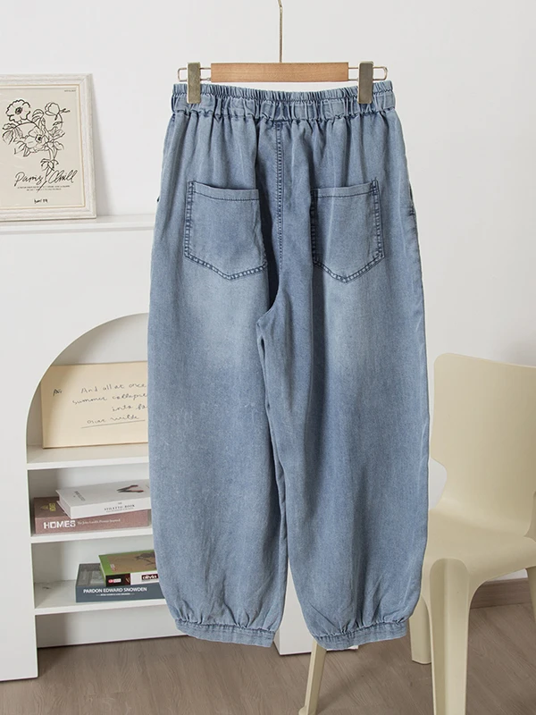 High Waist Loose Straight Leg Jeans Women's Nine Point Long Pants Summer Casual  Cotton Waed Denim Pure Color