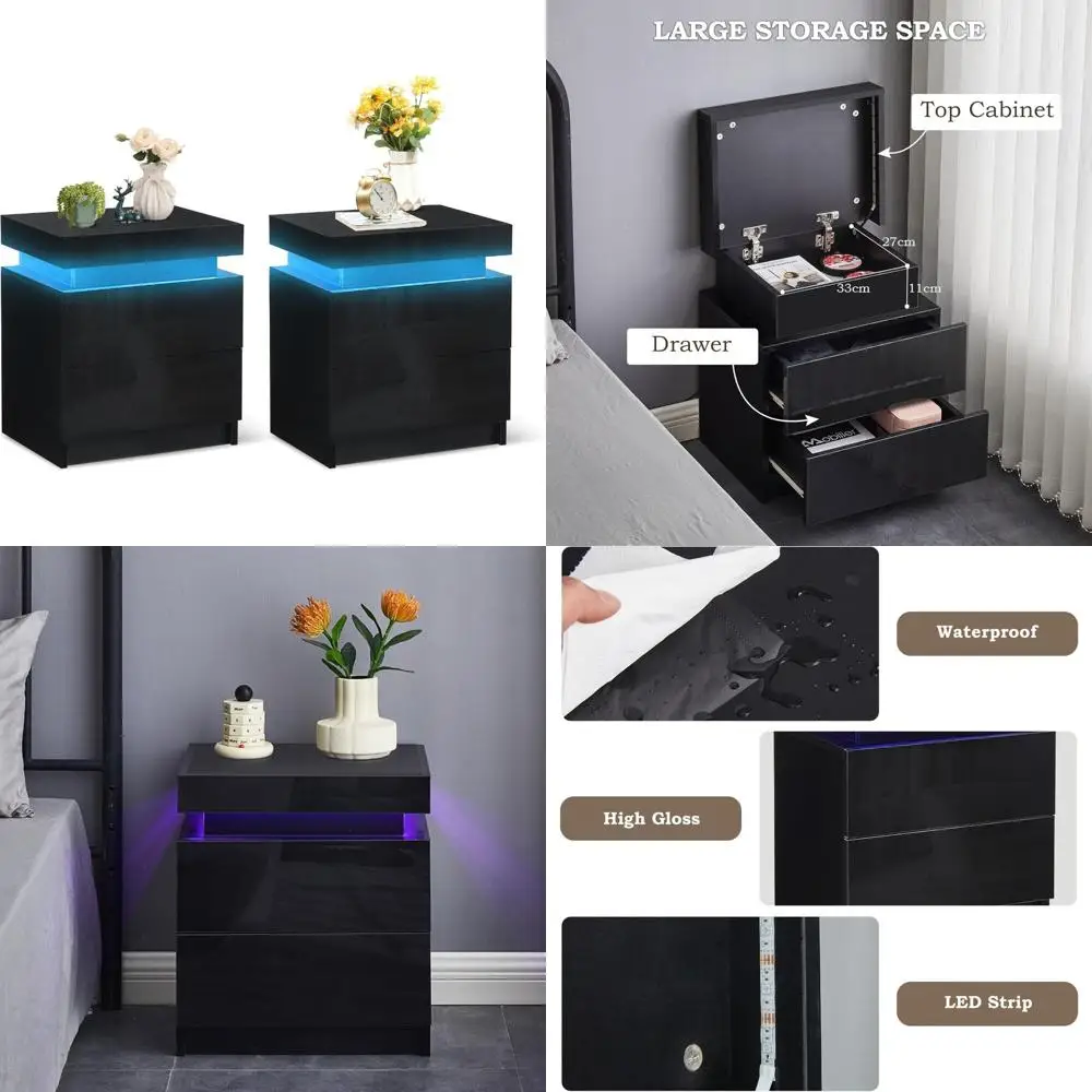 LED Lighted Modern Nightstands Set of 2, Smart Bedside Tables with Drawers and Flip Top Storage, High Gloss Finish