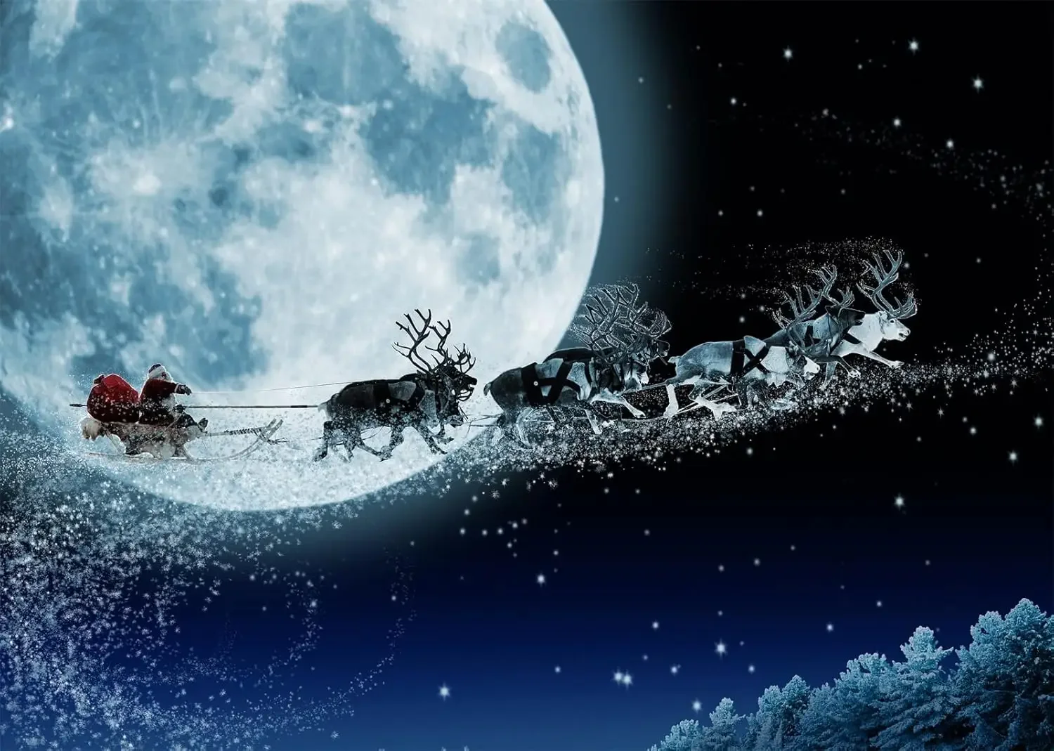 Christmas Winter Santa with Reindeers Fly in Sky on Full Moon Night Magic xmas Eve Party photo background photography backdrop