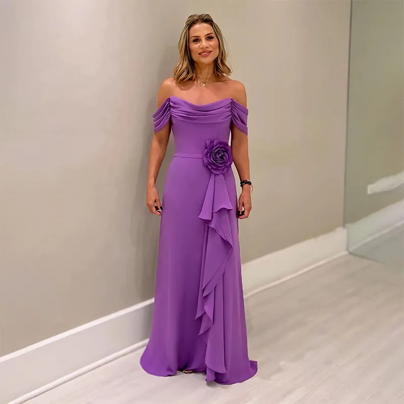 

Elegant Grape Mother Of The Bride Dresses Off Shoulder Chiffon Wedding Guest Dress Appliqued Ruffle Floor Length Evening Gowns