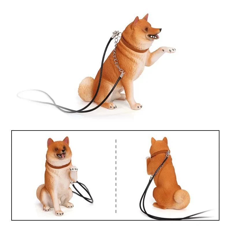 Realistic Cute Shiba Inu Dog Model with Leash, Playful Puppy Figurine Home Desktop Decoration Ornament